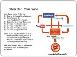 Step 3e: YouTube
Your Social Media To-Do List:
1) Open a dedicated Gmail account.
2) Get a Website @
   www.RealEstatePromo.com
3) Subscribe to an Auto Responder
4) Create a Facebook Account
5) Create a Twitter Account
6) Create a YouTube Account
7) Create a Craigslist Account

Some of you may have some or all of
   these accounts already set up. If      Your Website –
   you do I would suggest that you              Information Form
   draw out a flow chart of your own to
   see if any links are missing.

Next we‟ll address each of these steps
through the eyes of our fledgling
wholesaler!

                                          Your Auto Responder
 