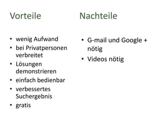 Vorteile

Nachteile

• wenig Aufwand
• bei Privatpersonen
verbreitet
• Lösungen
demonstrieren
• einfach bedienbar
• verbessertes
Suchergebnis
• gratis

• G-mail und Google +
nötig
• Videos nötig

 
