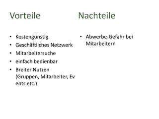 Vorteile
•
•
•
•
•

Nachteile

Kostengünstig
• Abwerbe-Gefahr bei
Mitarbeitern
Geschäftliches Netzwerk
Mitarbeitersuche
einfach bedienbar
Breiter Nutzen
(Gruppen, Mitarbeiter, Ev
ents etc.)

 