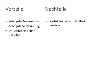 Vorteile
• sehr gute Analysetools
• sehr gute Verknüpfung
• Präsentation online
abrufbar

Nachteile
• kostet ausserhalb der Basic
Version

 