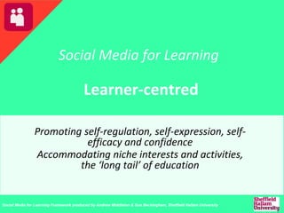 Social Media for Learning
Learner-centred
Promoting self-regulation, self-expression, self-
efficacy and confidence
Accommodating niche interests and activities,
the ‘long tail’ of education
Social Media for Learning Framework produced by Andrew Middleton & Sue Beckingham, Sheffield Hallam University
 