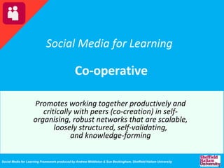 Social Media for Learning
Co-operative
Promotes working together productively and
critically with peers (co-creation) in self-
organising, robust networks that are scalable,
loosely structured, self-validating,
and knowledge-forming
Social Media for Learning Framework produced by Andrew Middleton & Sue Beckingham, Sheffield Hallam University
 