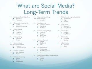 What are Social Media?
Long-Term Trends
— Social profiles and posting
— mySpace
— Facebook
— Microcontent and bursts
— Twitter
— SMS/MMS/texting
— Photo sharing
— Flickr
— Pinterest
— Instagram
— Video posting
— YouTube
— Vimeo
— Communities
and discussion threads
— Forums
— LinkedIn Groups
— Content curation
— RSS Readers
— Paper.li
— Video conferencing
— Skype
— Zoom
— GoogleMeet
— Business networking
and profile sharing
— LinkedIn
— Event sharing
— Facebook events
— EventBrite
— MeetUp
— Content posting/blogs
— TypePad
— Blogger
— WordPress
— Tumblr
— Reviews channels
— Google
— CitySearch
— Yelp
— Local directories
— Yahoo!Local
— WhitePages.com
— YP
— URL shortening and bookmarking
— Xmarks
— TinyUrl
— Bit.ly
— Social search engine backlinks
— Technoratti
— Digg
— Reddit
— Daily Deals
— Groupon
— LivingSocial
— Travel sites
— Expedia
— TripAdvisor
— Music sites
— Pandora
— Spotify
— eCommerce
— Amazon
— eBay
 