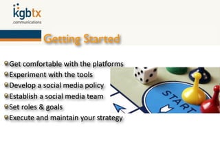 Getting Started
Get comfortable with the plaZorms
Experiment with the tools
Develop a social media policy
Establish a social media team
Set roles & goals
Execute and maintain your strategy
 