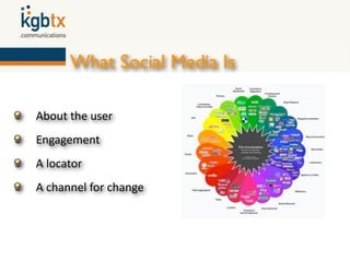 What Social Media Is

About the user
Engagement
A locator
A channel for change
 