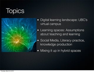 Topics
                           Digital learning landscape: UBC’s
                           virtual campus
                           Learning spaces: Assumptions
                           about teaching and learning
                           Social Media, Literacy practice,
                           knowledge production
                           Mixing it up in hybrid spaces




Thursday, March 25, 2010
 