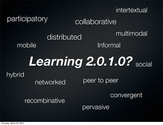 intertextual
      participatory                        collaborative
                                                             multimodal
                                  distributed
                mobile                               Informal

                            Learning 2.0.1.0? social
     hybrid
                              networked         peer to peer

                                                            convergent
                           recombinative
                                                pervasive

Thursday, March 25, 2010
 