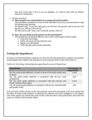 Eng Amr Tarek said; “I love to see my daughter, so I will not chat with my Mother
instead of visiting her”
7. Closing questions:
A. How people can control their over usage of social media?
All participants mentioned it must be self-controlled not by any external actions except
the intrapersonal decision.
Mr Khaled said; “if you have life goals you will have the passion, and if you have the
passion you will have the control”
Ms Mai Assem said; “close your Facebook account, that’s it”
B. How do you think social media can be used better?
The participants mentioned different ways of the useful usage of social media:
1. Gain more knowledge
2. Follow the local and international news
3. Regain your old friends
4. Work through social media marketing
Testing the Hypotheses
In order to test the hypotheses, analysis was done for the data gathered to compare the quantity
of participants that supports the hypotheses in percentages shown in the below table (1).
Table (2): Percentage of participants supporting the research hypotheses
Hypothesis Percentage of
supporters
H1: the social media addiction is found on most of thesocial media users
in Egypt
100%
H2: the social media addiction is associated with the low work
productivity
50%
H3: the social media addiction is associated with the personal and
family relations distractions
100%
H4: the social media addiction is associated with the low mental health
and quality of life
70%
From the above table and the results of testing the main first hypothesis, it has been found that
the effect of social media addiction is affecting the relations and social intelligence in the highest
rate. Some people can control the social media to distract there work performance and mood but
some are victims to the bad side effects.
 