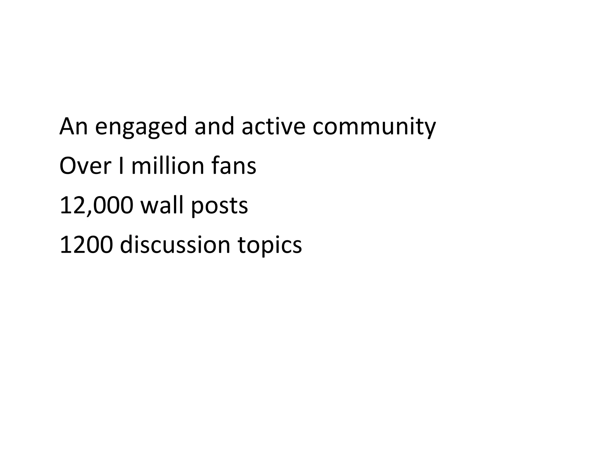 An engaged and active community Over I million fans 12,000 wall posts 1200 discussion topics 