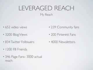 LEVERAGED REACH
                            My Reach


• 652   video views              • 239   Community fans

• 3200   Blog Views              • 200   Pinterest Fans

• 834 Twitter   Followers        • 4000   Newsletters

• 1200   FB Friends

• 346Page Fans- 3000 actual
 reach
 