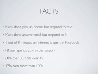 FACTS

• Many   don’t pick up phone, but respond to text

• Many   don’t answer email, but respond to IM

•1   out of 8 minutes on internet is spent in Facebook

• FB   user spends 20 min per session

• 68%   over 35, 46% over 45

• 47%   earn more than 100k
 