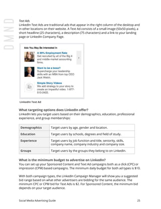 Text Ads
LinkedIn Text Ads are traditional ads that appear in the right column of the desktop and
in other locations on their website. A Text Ad consists of a small image (50x50 pixels), a
short headline (25 characters), a description (75 characters) and a link to your landing
page or LinkedIn Company Page.
LinkedIn Text Ad
What targeting options does LinkedIn offer?
LinkedIn lets you target users based on their demographics, education, professional
experience, and group memberships:
Demographics Target users by age, gender and location.
Education Target users by schools, degrees and field of study.
Experience Target users by job function and title, seniority, skills,
company name, company industry and company size.
Groups Target users by the groups they belong to on LinkedIn.
What is the minimum budget to advertise on LinkedIn?
You can set up your Sponsored Content and Text Ad campaigns both as a click (CPC) or
impression (CPM) based campaigns. The minimum daily budget for both ad types is $10.
With both campaign types, the LinkedIn Campaign Manager will show you a suggested
bid range based on what other advertisers are bidding for the same audience. The
minimum CPC or CPM bid for Text Ads is $2. For Sponsored Content, the minimum bid
depends on your target audience.
Social Media Advertising Guide 25
 