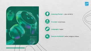 Listening Period : 1 JAN- 28 FEB’23
In-scope: United States
Languages: English
Sources Analyzed: Twitter, Instagram, & News
2
 