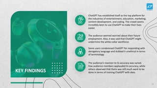 ChatGPT has established itself as the top platform for
the industries of entertainment, education, marketing,
content development, and coding. The crowd seems
incredibly keen to use ChatGPT to make their lives
easier.
The audience seemed worried about their future
employment. Also, it was said that ChatGPT might
undermine the white-collar workforce.
Some users condemned ChatGPT for responding with
derogatory language and dubbed it unethical in terms
of terminology.
The audience's reaction to its accuracy was varied.
Few audience members applauded its accuracy, while
others observed that there was still much work to be
done in terms of training ChatGPT with data.
KEY FINDINGS
29
 