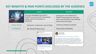 KEY BENEFITS & PAIN POINTS DISCUSSED BY THE AUDIENCE
z BENEFITS PAIN POINTS
Feelings reflected
Hashtags Used
The main advantages discussed on
ChatGPT use cases are for IT businesses,
coding, and the AI revolution in
healthcare.
Excitement, creativeness, ease of doing
#AI, #ChatGPT, #Businesses
Several users were bothered on
ChatGPT being expensive and many
were concerned that it may eliminate
a few sources of income.
Confused, shocked, & selective
#Subscription & #Waitlist,
8
 