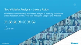 Performance benchmarking and content analysis of 12 luxury automakers
across Facebook, Twitter, YouTube, Instagram, Google+ and Pinterest.
July 9-15, 2014
Social Media Analysis - Luxury Autos
 