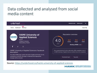 www.hamk.fi
Data collected and analysed from social
media content
Source: https://underhood.co/hamk-university-of-applied-sciences
 