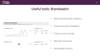 24
Useful tools: Brandwatch
• Web monitoring & analytics
• Track consumer feedback
• Track current trends
• Monitor mentio...