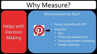 Why Measure?
Helps with
Decision
Making
Where ShouldYou Post?
• Focus: Inspiration & DIY
• Good for:
• B2C
• Photos & image quotes
• Videos –YouTube
• Demonstration & storytelling
• Website links
• Inbound/content marketing
• Hobby interests
 