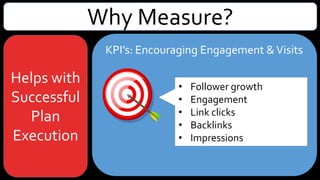 Why Measure?
Helps with
Successful
Plan
Execution
• Follower growth
• Engagement
• Link clicks
• Backlinks
• Impressions
KPI’s: Encouraging Engagement &Visits
 