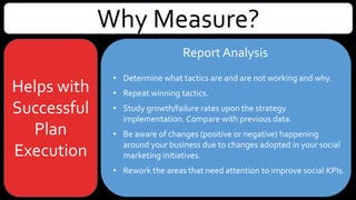 Why Measure?
Helps with
Successful
Plan
Execution
• Determine what tactics are and are not working and why.
• Repeat winning tactics.
• Study growth/failure rates upon the strategy
implementation. Compare with previous data.
• Be aware of changes (positive or negative) happening
around your business due to changes adopted in your social
marketing initiatives.
• Rework the areas that need attention to improve social KPIs.
Report Analysis
 