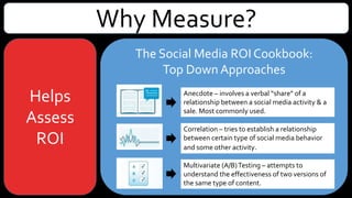 Why Measure?
Helps
Assess
ROI
The Social Media ROI Cookbook:
Top Down Approaches
Anecdote – involves a verbal “share” of a
relationship between a social media activity & a
sale. Most commonly used.
Correlation – tries to establish a relationship
between certain type of social media behavior
and some other activity.
Multivariate (A/B)Testing – attempts to
understand the effectiveness of two versions of
the same type of content.
 