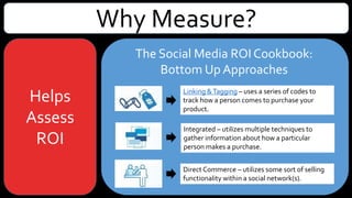 Why Measure?
Helps
Assess
ROI
The Social Media ROI Cookbook:
Bottom Up Approaches
Linking &Tagging – uses a series of codes to
track how a person comes to purchase your
product.
Integrated – utilizes multiple techniques to
gather information about how a particular
person makes a purchase.
Direct Commerce – utilizes some sort of selling
functionality within a social network(s).
 