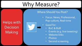 Why Measure?
Helps with
Decision
Making
Where ShouldYou Post?
• Focus: News, Professional, Pop-
culture, Real-time
• Good for:
• B2C & B2B
• Events (e.g. live tweeting)
• Real-time focused
conversations (i.e.Twitter
Chats)
• Website links
• Photos
• Second screening
 