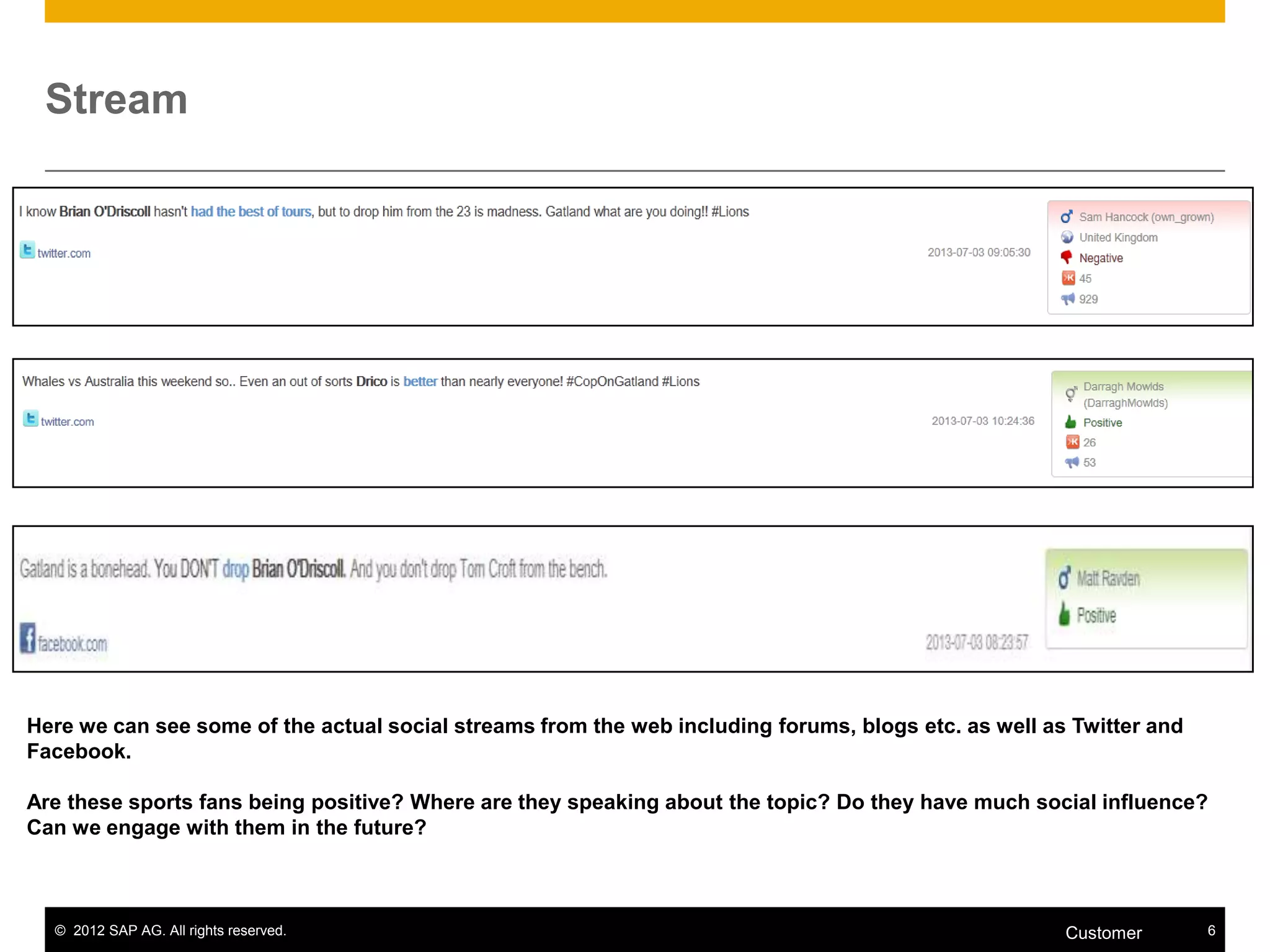 © 2012 SAP AG. All rights reserved. 6Customer
Stream
Here we can see some of the actual social streams from the web including forums, blogs etc. as well as Twitter and
Facebook.
Are these sports fans being positive? Where are they speaking about the topic? Do they have much social influence?
Can we engage with them in the future?
 