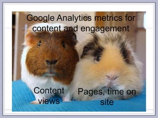 Google Analytics metrics for
content and engagement
Content
views
Pages, time on
site
 