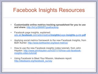 Facebook Insights Resources
• Customizable online metrics tracking spreadsheet for you to use
and share: http://bit.ly/SMARTgoaltracking
• Facebook page insights, explained:
ads.ak.facebook.com/ads/creative/insights/page-insights-guide.pdf
• Applying social metrics framework to the new Facebook Insights, from
Beth Kanter: http://www.bethkanter.org/best-metrics/
• How to use the new Facebook insights (video tutorial), from John
Haydon: http://www.johnhaydon.com/2011/10/how-use-facebook-
insights-video-tutorial/
• Using Facebook to Meet Your Mission, Idealware report:
http://idealware.org/facebook_survey
82
 