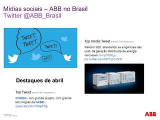 © ABB Group
June 9, 2016 | Slide 8
Mídias sociais – ABB no Brasil
Twitter @ABB_Brasil
Destaques de abril
 