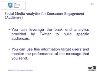 24/04/2017 © The University of Sheffield
32
Social Media Analytics for Consumer Engagement
(Audiense)
• You can leverage t...