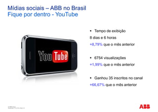 © ABB Group
November 10, 2016 | Slide 16
Mídias sociais – ABB no Brasil
Fique por dentro - YouTube
§ Tempo de exibição
8 dias e 6 horas
+8,79% que o mês anterior
§ 6754 visualizações
+1,99% que o mês anterior
§ Ganhou 35 inscritos no canal
+66,67% que o mês anterior
 