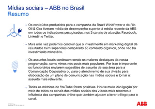 © ABB Group
November 10, 2016 | Slide 19
Mídias sociais – ABB no Brasil
Resumo
§ Os conteúdos produzidos para a campanha da Brazil WindPower e da Rio
Oil & Gas tiveram média de desempenho superior à média recente da ABB
em todos os indicadores pesquisados, nos 3 canais de atuação: Facebook,
Linkedin e Twitter.
§ Mais uma vez podemos concluir que o investimento em marketing digital dá
resultados bem superiores comparado ao conteúdo orgânico, onde não há
investimento monetário.
§ Os assuntos locais continuam sendo os maiores destaques da nossa
programação, como vimos nos posts mais populares. Por isso é importante
os funcionários enviarem sugestões de assunto de sua área para a
Comunicação Corporativa ou para o atendimento de sua divisão para
elaboração de um plano de comunicação nas mídias sociais e tornar o
assunto mais relevante.
§ Todas as métricas do YouTube foram positivas. Houve muita divulgação por
meio de todos os canais das mídias sociais dos vídeos mais recentes e
influência das campanhas online que também ajudam a levar tráfego para o
canal.
 