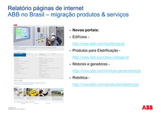 © ABB Group
November 10, 2016 | Slide 21
Relatório páginas de internet
ABB no Brasil – migração produtos & serviços
§ Novos portais:
§ Edifícios -
http://new.abb.com/buildings/pt
§ Produtos para Eletrificação -
http://new.abb.com/low-voltage/pt
§ Motores e geradores -
http://new.abb.com/motors-generators/pt
§ Robótica -
http://new.abb.com/products/robotics/pt
 