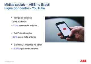 © ABB Group
November 10, 2016 | Slide 9
Mídias sociais – ABB no Brasil
Fique por dentro - YouTube
§ Tempo de exibição
7 dias e 8 horas
+1,25% que o mês anterior
§ 6407 visualizações
+4,2% que o mês anterior
§ Ganhou 21 inscritos no canal
+16,67% que o mês anterior
 
