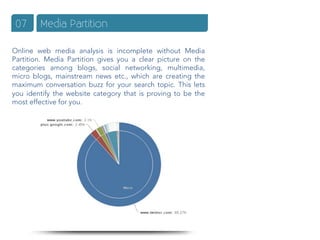 07     Media Partition

Online web media analysis is incomplete without Media
Partition. Media Partition gives you a clear picture on the
categories among blogs, social networking, multimedia,
micro blogs, mainstream news etc., which are creating the
maximum conversation buzz for your search topic. This lets
you identify the website category that is proving to be the
most effective for you.
 