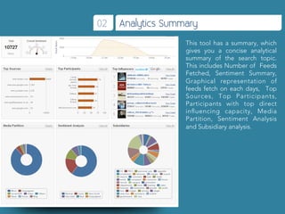 02   Analytics Summary
                   This tool has a summary, which
                   gives you a concise analytical
                   summary of the search topic.
                   This includes Number of Feeds
                   Fetched, Sentiment Summary,
                   Graphical representation of
                   feeds fetch on each days, Top
                   Sources, Top Participants,
                   Participants with top direct
                   inﬂuencing capacity, Media
                   Partition, Sentiment Analysis
                   and Subsidiary analysis.
 