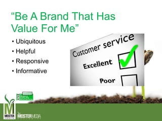“Be A Brand That Has
Value For Me”
• Ubiquitous
• Helpful
• Responsive
• Informative
 