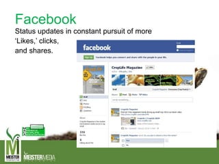 Facebook
Status updates in constant pursuit of more
‘Likes,’ clicks,
and shares.
 