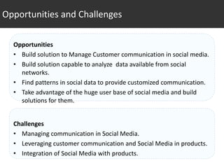 Opportunities and Challenges

  Opportunities
  • Build solution to Manage Customer communication in social media.
  • Build solution capable to analyze data available from social
    networks.
  • Find patterns in social data to provide customized communication.
  • Take advantage of the huge user base of social media and build
    solutions for them.


  Challenges
  • Managing communication in Social Media.
  • Leveraging customer communication and Social Media in products.
  • Integration of Social Media with products.
 