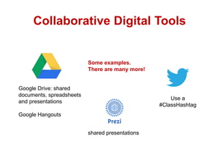 Collaborative Digital Tools

Some examples.
There are many more!

Google Drive: shared
documents, spreadsheets
and presentations

Use a
#ClassHashtag

Google Hangouts
shared presentations

 