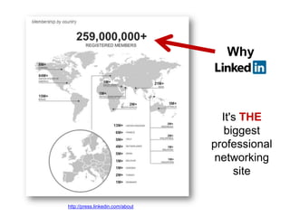 Why

It's THE
biggest
professional
networking
site
http://press.linkedin.com/about

 