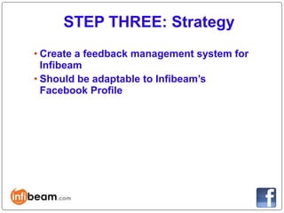 STEP THREE: Strategy
• Create a feedback management system for
  Infibeam
• Should be adaptable to Infibeam’s
  Facebook Profile
 