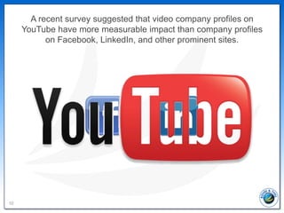 A recent survey suggested that video company profiles on
     YouTube have more measurable impact than company profiles
  ...