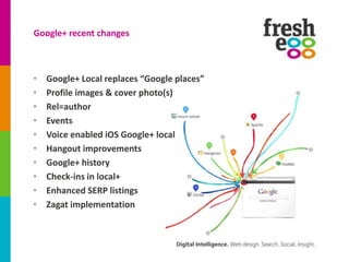 Google+ recent changes



•   Google+ Local replaces “Google places”
•   Profile images & cover photo(s)
•   Rel=author
•   Events
•   Voice enabled iOS Google+ local
•   Hangout improvements
•   Google+ history
•   Check-ins in local+
•   Enhanced SERP listings
•   Zagat implementation
 