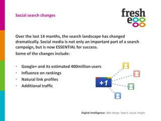 Social search changes



Over the last 14 months, the search landscape has changed
dramatically. Social media is not only an important part of a search
campaign, but is now ESSENTIAL for success.
Some of the changes include:

•   Google+ and its estimated 400million users
•   Influence on rankings
•   Natural link profiles
•   Additional traffic
 