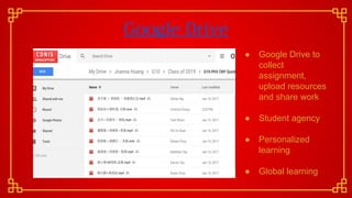 Google Drive
● Google Drive to
collect
assignment,
upload resources
and share work
● Student agency
● Personalized
learning
● Global learning
 