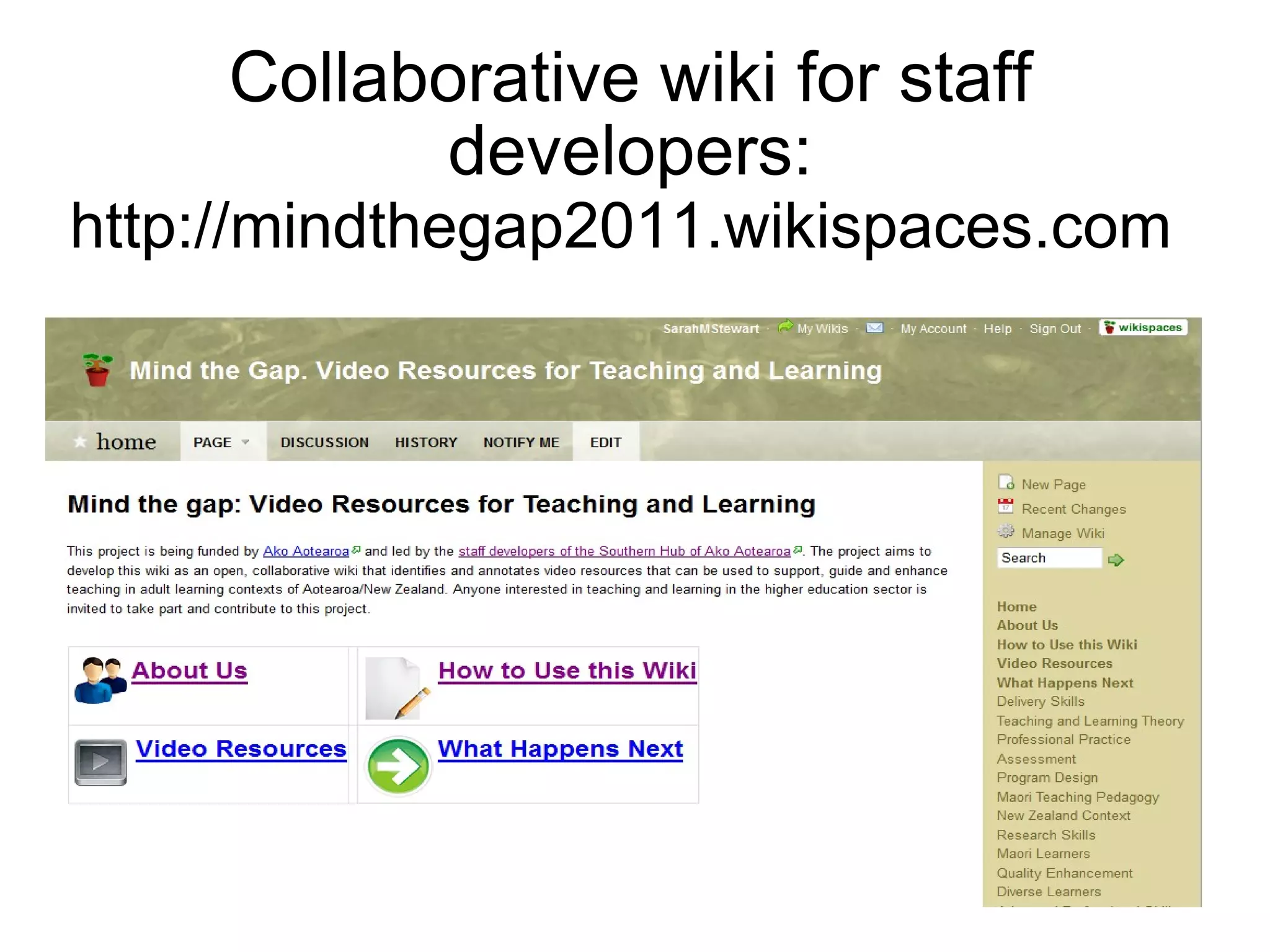 Collaborative wiki for staff developers:  http://mindthegap2011.wikispaces.com   